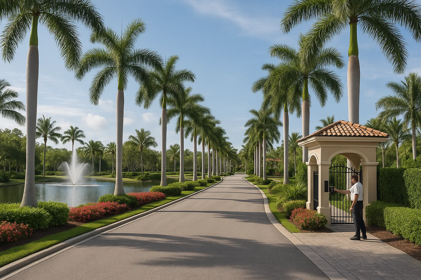 Gated community entrance with a guard booth and palm lined drive in Bonita Springs FL inside the HVAC service area north of Naples