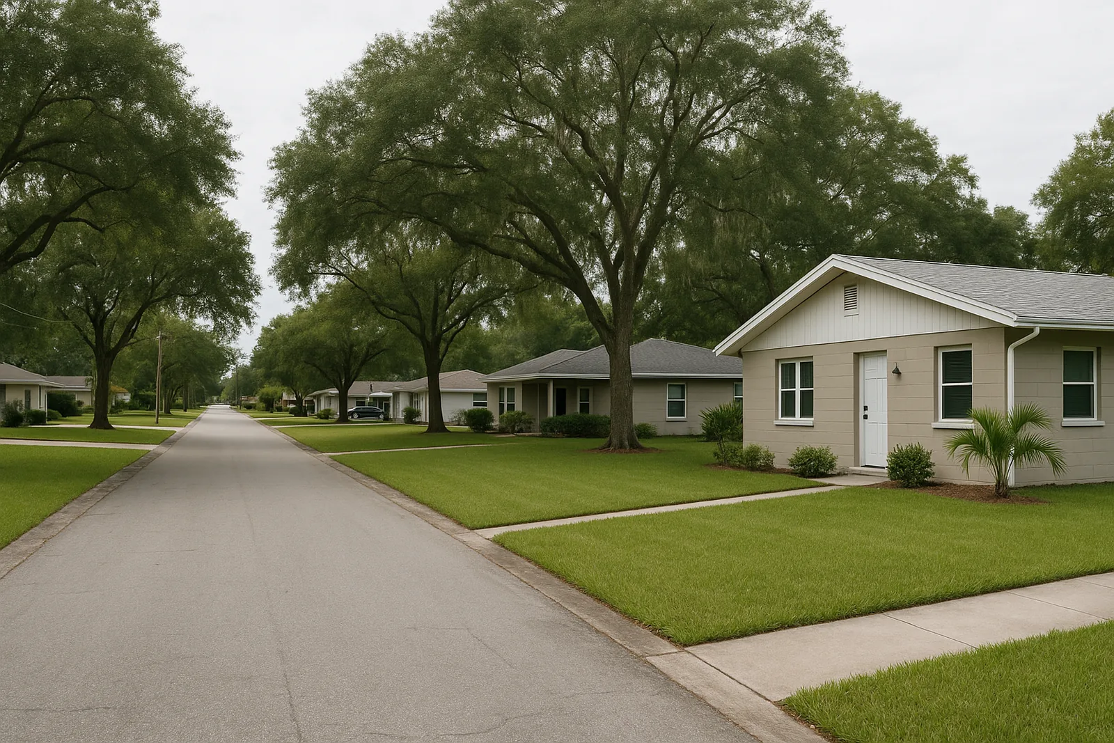Single story block homes under oak trees on a quiet inland street in Golden Gate FL
