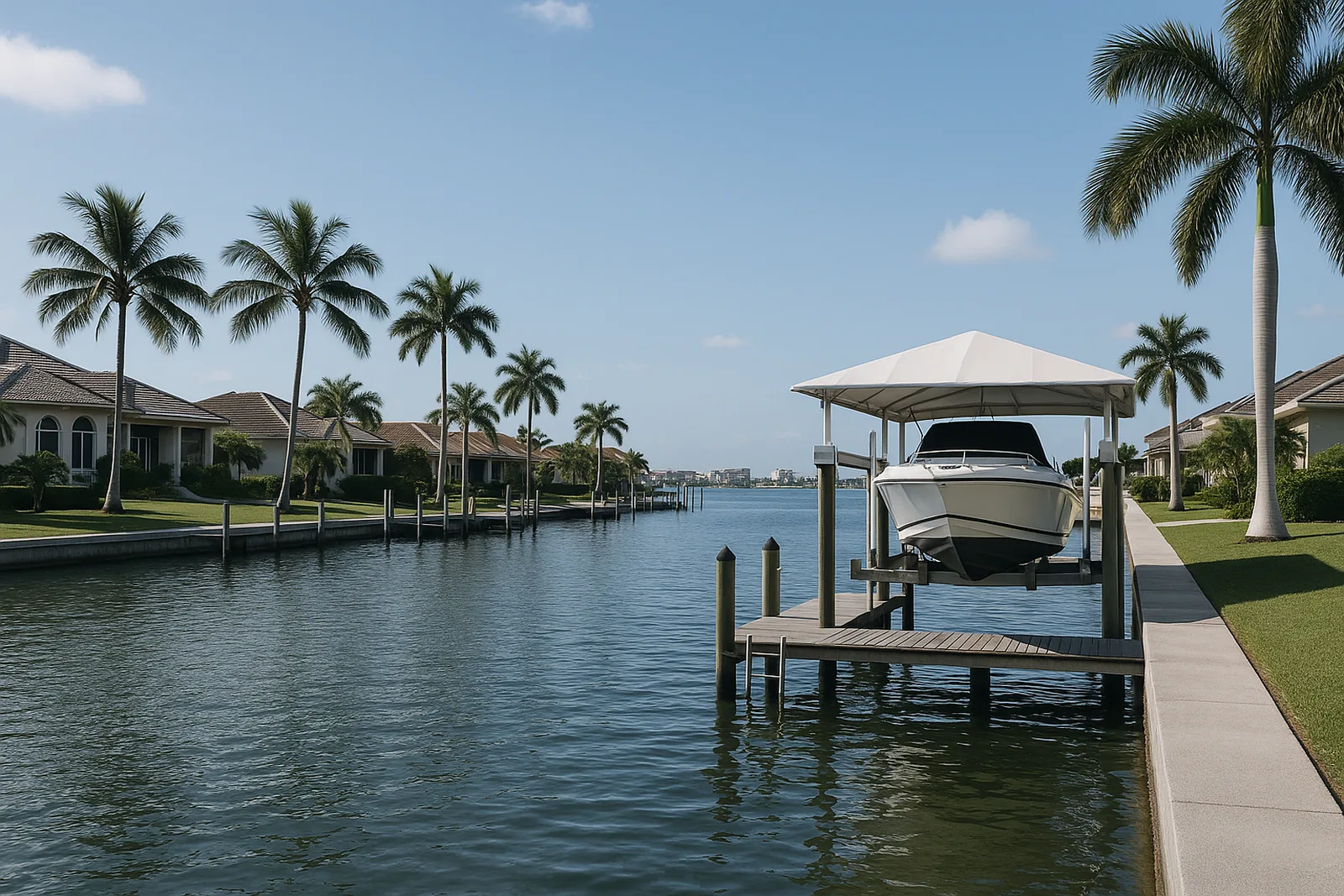 Canal homes and a boat lift on Marco Island FL where salt reaches every outdoor condenser