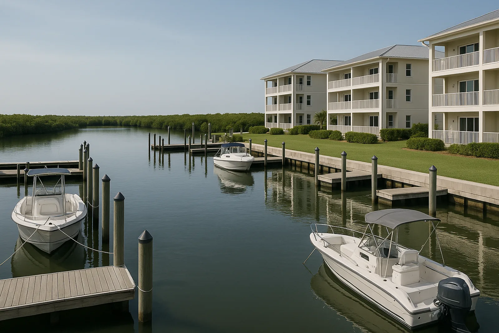 Boats at wooden docks beside condo buildings and mangroves at Port of the Islands FL
