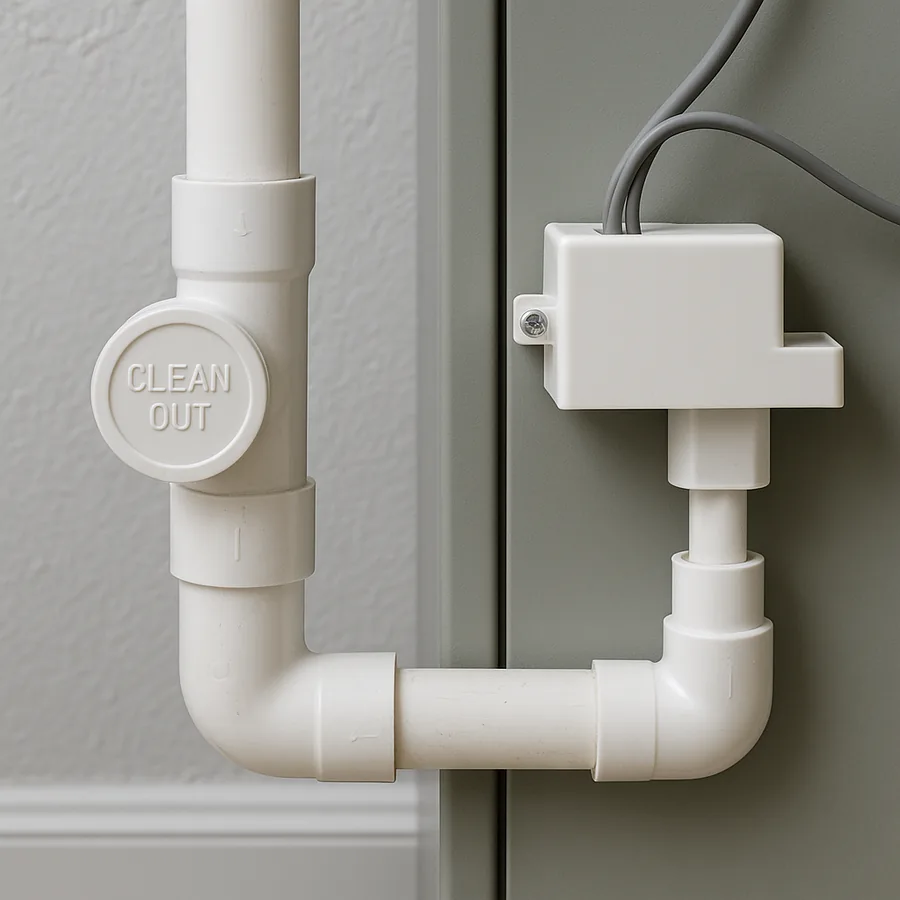 PVC condensate drain with a cleanout cap and float safety switch beside an air handler in a Naples FL home