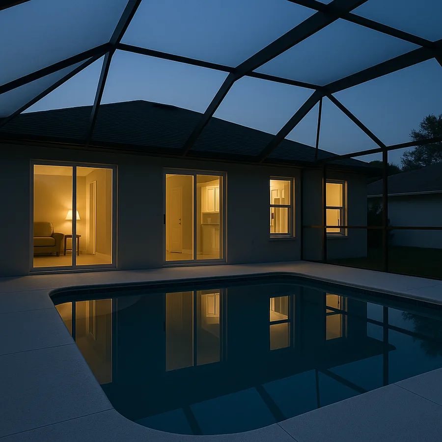 Screened pool lanai at dusk with the pool reflecting the warm lit windows of a Naples FL home