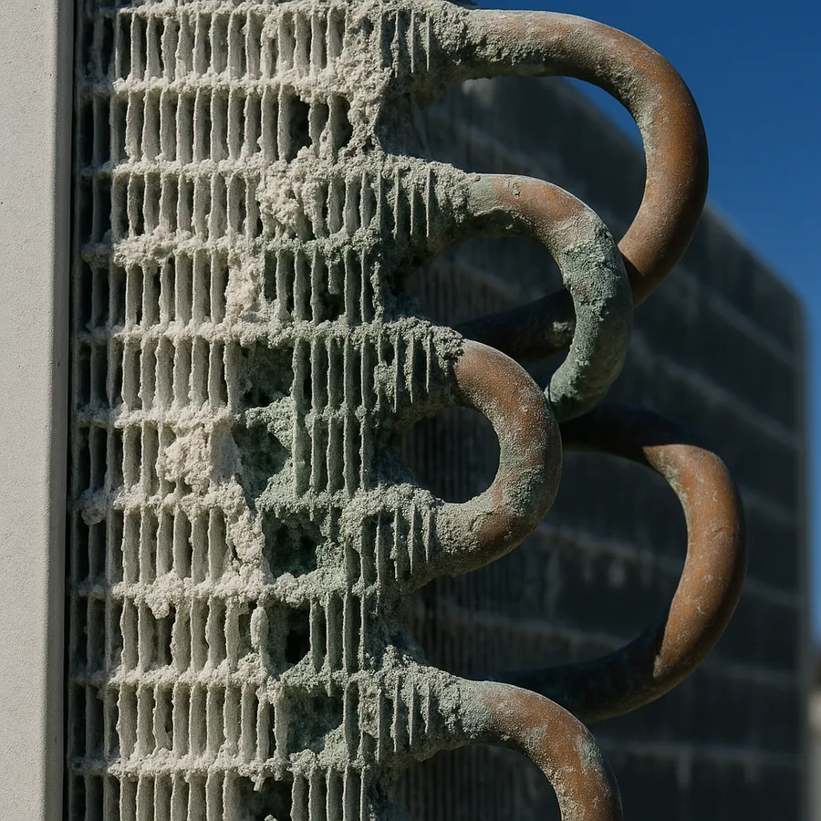 Salt corrosion on the aluminum fins of an outdoor AC condenser coil near the Naples coast