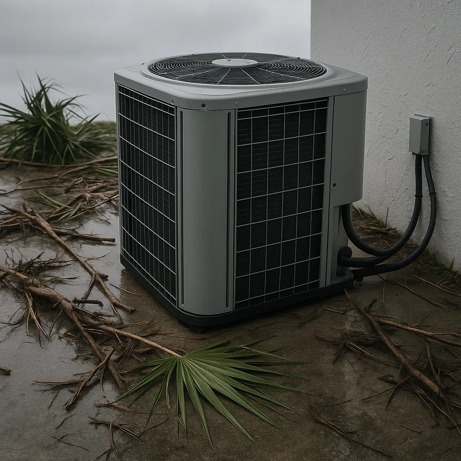 Outdoor condenser beside a stucco wall on a wet grey day with storm blown palm fronds and branches scattered across the ground